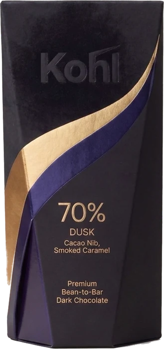 Kohl Dusk 70% carton: matte black sleeve cut by a gold and indigo foil swoosh