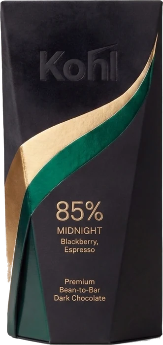 Kohl Midnight 85% carton: matte black sleeve cut by a gold and emerald foil swoosh