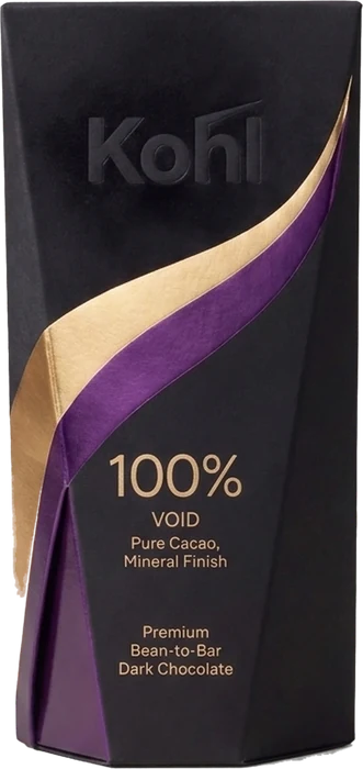 Kohl Void 100% carton: matte black sleeve cut by a gold and violet foil swoosh