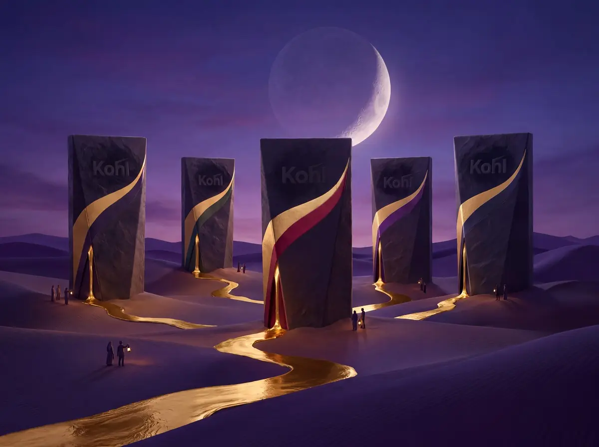 Kohl cartons standing in violet dunes under a rising crescent moon