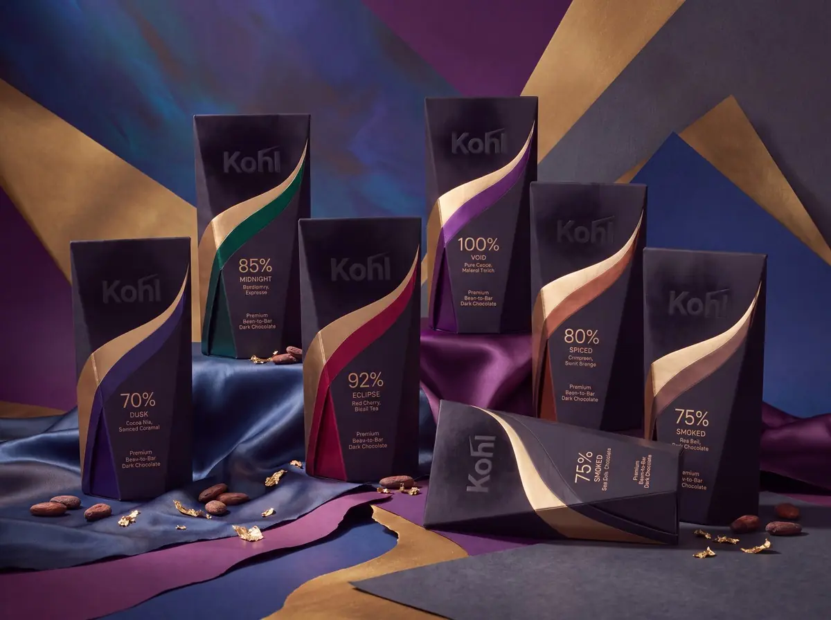 The range arranged on silk with cacao beans and gold leaf
