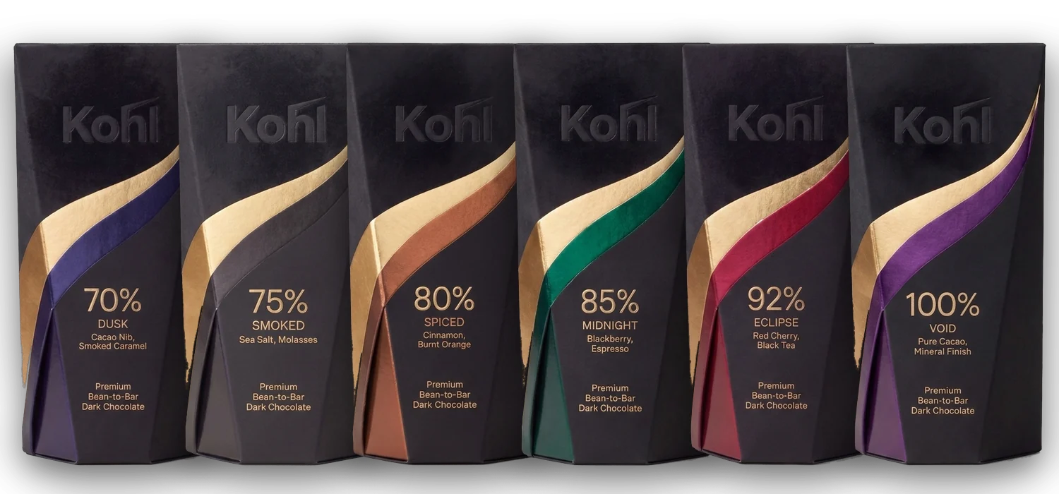 The six Kohl cartons in a row, 70% Dusk to 100% Void